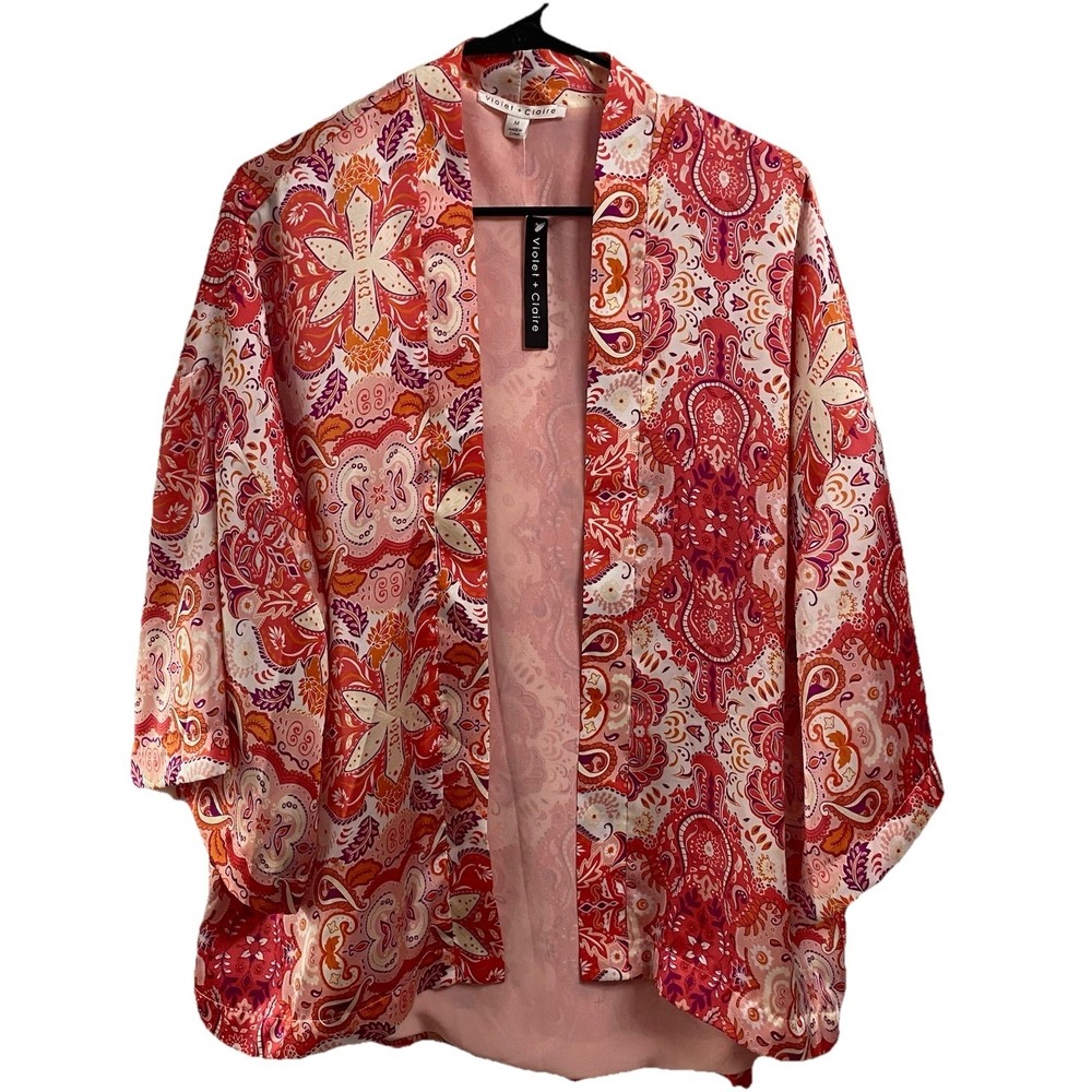 Violet+Claire Womens Kimono Sleeve Open Front Blazer NWT Red/Pink Paisley M